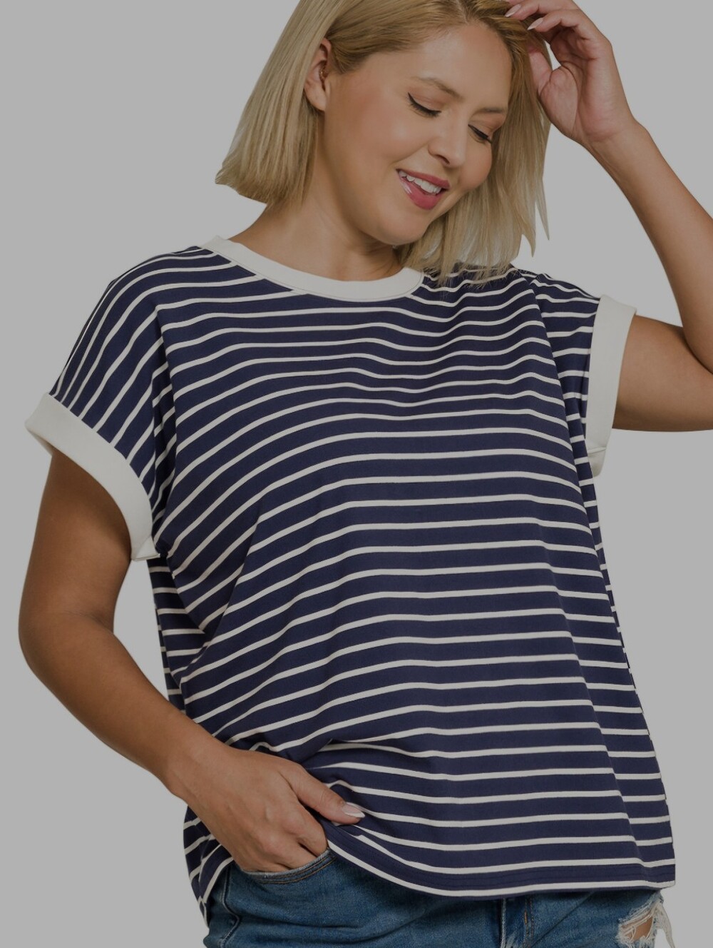 Zenana- Striped Navy and White Short-Sleeve Women's Top Plus Size